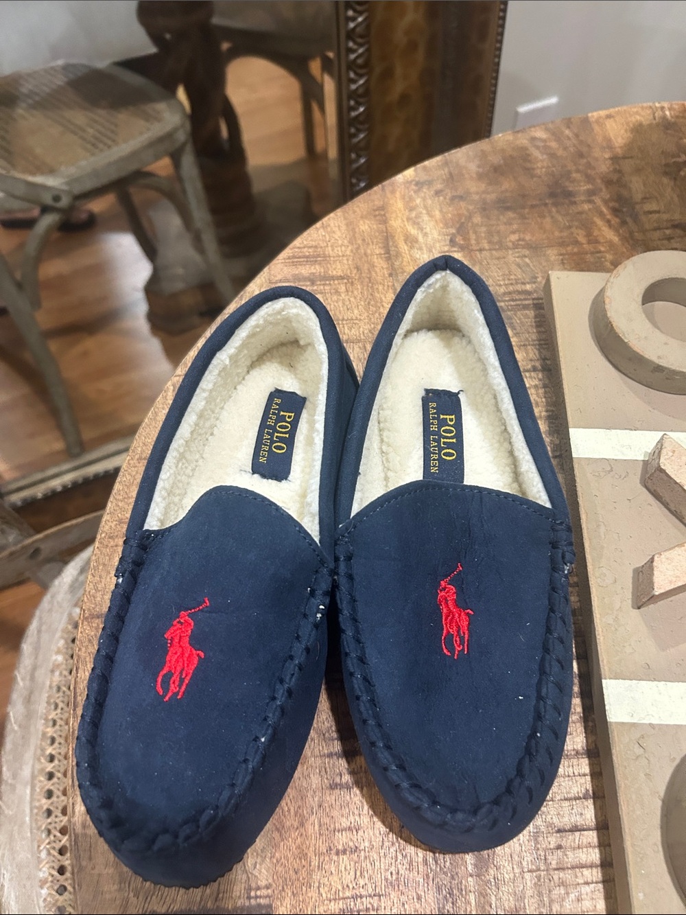 Polo by Ralph Lauren Men's Navy Suede Moccasin Slippers with Red Logo